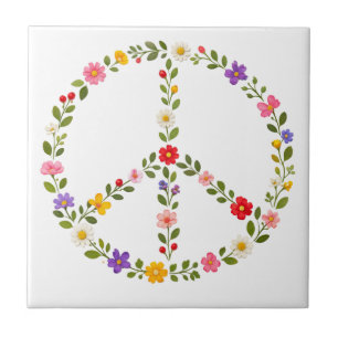 Floral Peace Sign Wreath Colourful Wildflowers   Ceramic Tile
