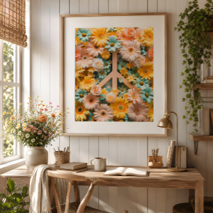 Floral Peace Symbol Art Poster – Retro 60s Flower 