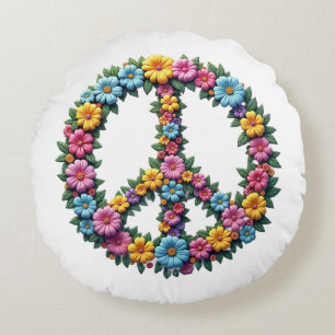 Floral Peace Symbol Round Pillow