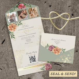 Floral Peach and Sage Green Wedding All In One Invitation
