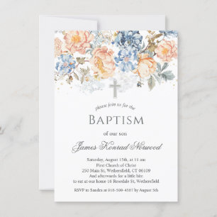 Floral Peach Blush Blue Baptism Invitation