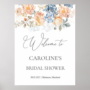 Floral Peach Blush Blue Bridal Shower sign
