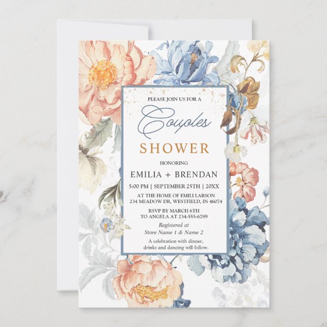 Floral Peach Blush Blue Wedding Invitation (Front)