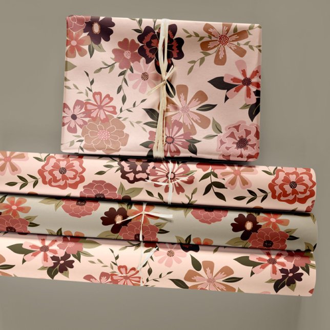 Floral Peach Botanical Decoupage Gift Wrapping Paper Sheet (Whimsical Peach Brown Floral Pattern Wrapping Paper Sheets from Studio Posies.)