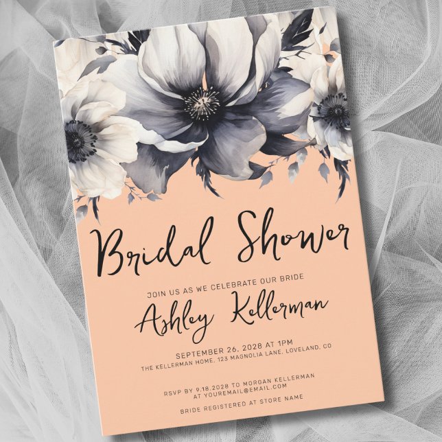 Floral Peach Bridal Shower Invitation (Chic Watercolor Elegant Floral Peach Bridal Shower Invitation)