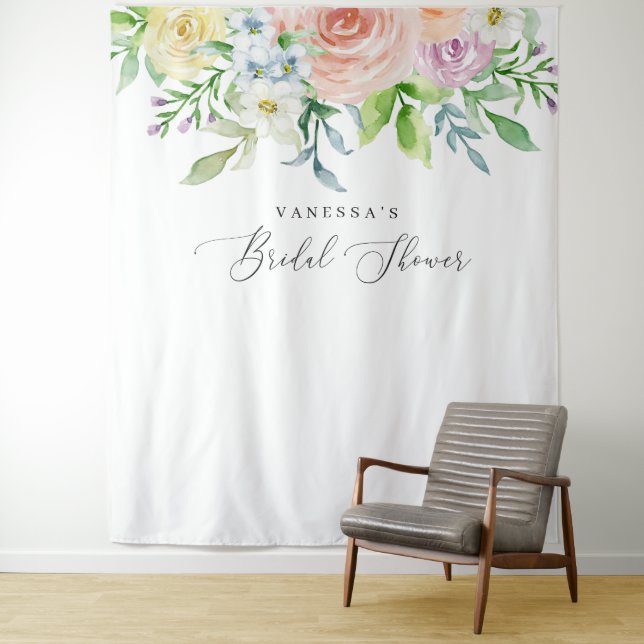 Floral Peach Bridal Shower Photo Booth Backdrop Tapestry (In Situ)