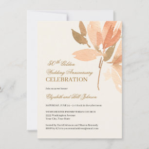 Floral Peach Cream Gold 50th Wedding Anniversary Invitation