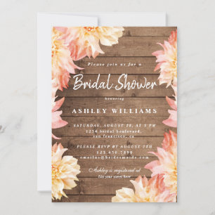 Floral Peach Dahlia Rustic Wood Bridal Shower Invitation