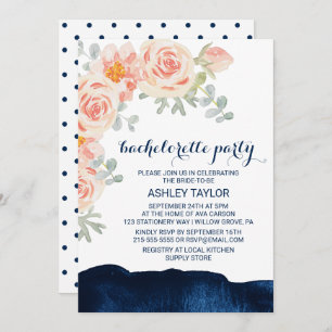 Floral Peach & Navy Watercolor Bachelorette Party Invitation