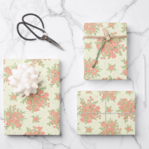 Floral Peach Orange Spring Flowers Wrapping Paper Sheet