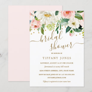 Floral Peach Pink Gold Confetti Bridal Shower Invitation
