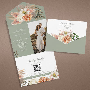 Floral Peach & Sage Green Wedding Invitation