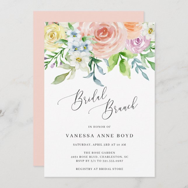 Floral Peach Watercolor Flowers Bridal Brunch Invitation (Front/Back)