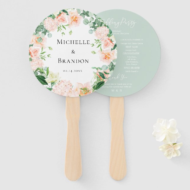 floral peach + wedding foliage hand fan (Front and Back)