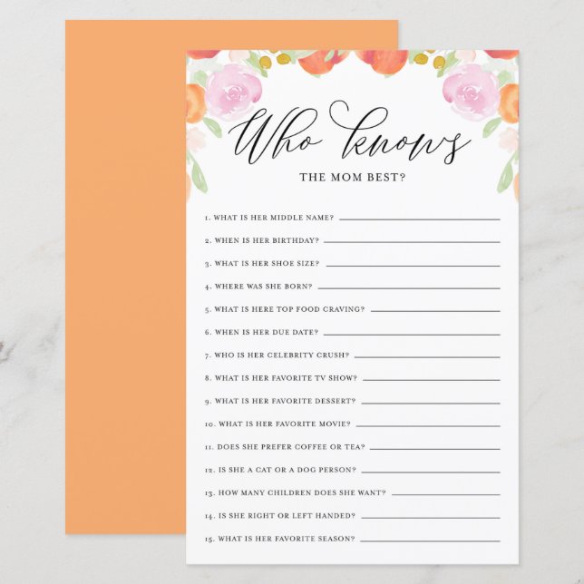 Floral Peach Who Knows Mum Best Baby Shower Game (Front/Back)