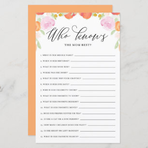 Floral Peach Who Knows Mum Best Baby Shower Game