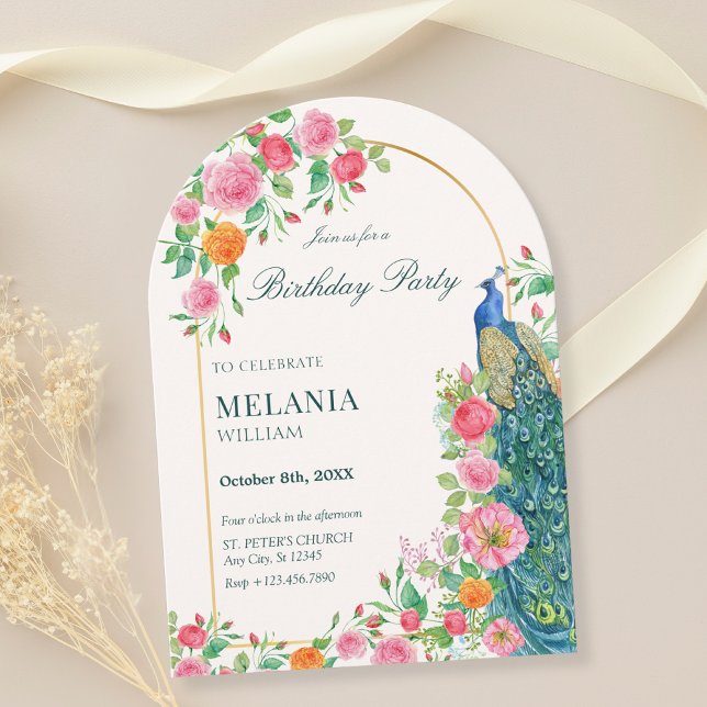 Floral peacock birthday invitation (Creator Uploaded)