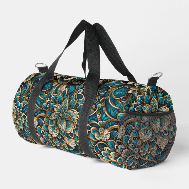 Floral Peacock Blue Mandala Duffle Bag (Right Corner)