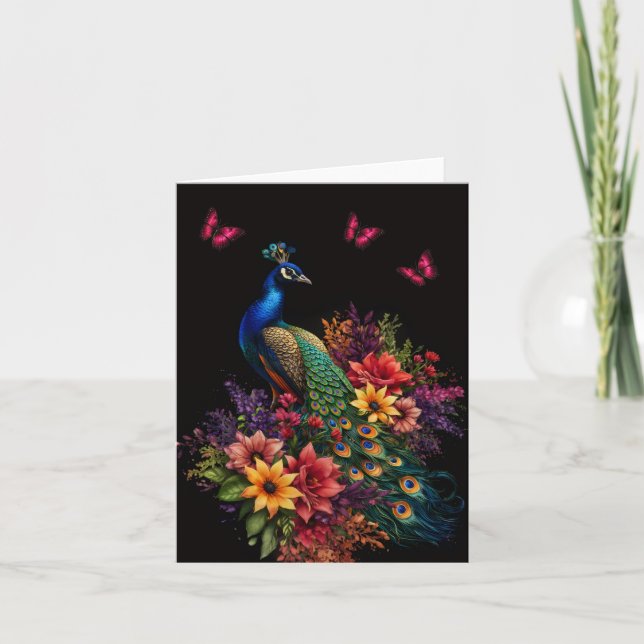 Floral Peacock & Butterflies Blank Note Card (Front)