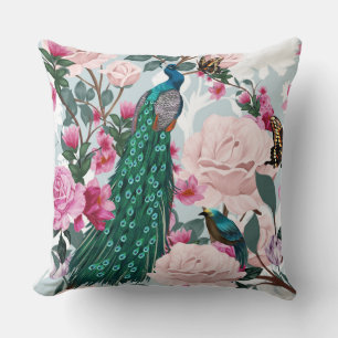 Floral Peacock Country Watercolor Pillow