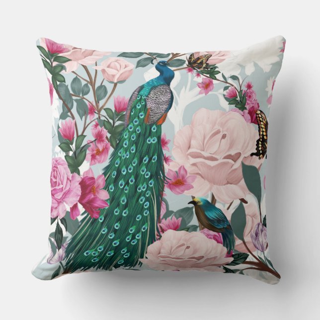 Floral Peacock Country Watercolor Pillow (Front)