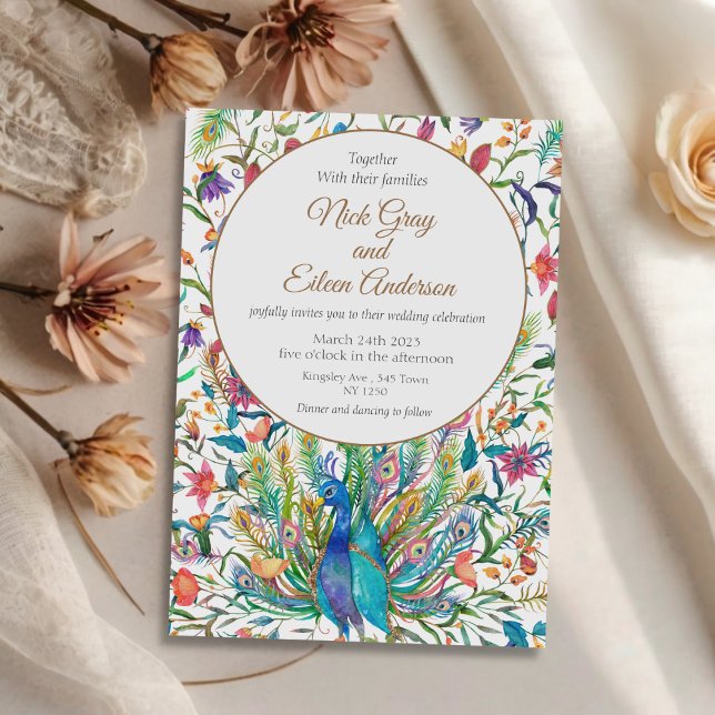 Floral Peacock & Feather Wedding Invitation (Floral Peacock Feather Wedding Invite)