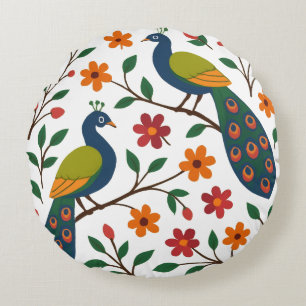 Floral Peacock Harmony Round Cushion
