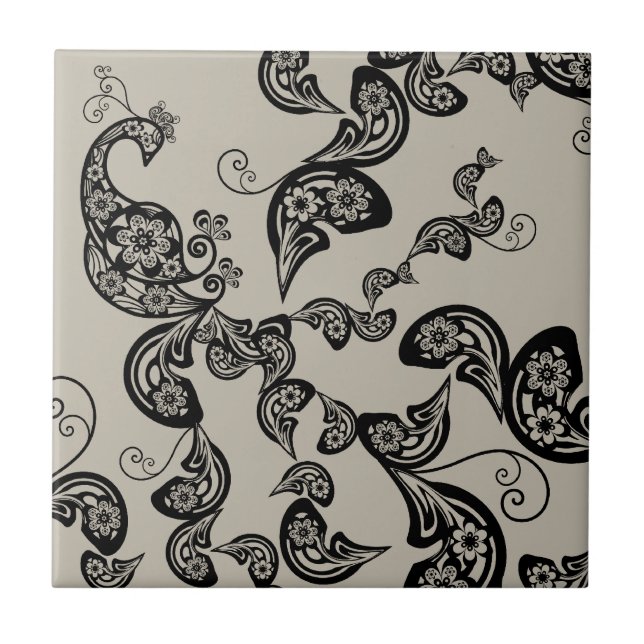 Floral Peacock Pattern Black Custom Gift Tile (Front)