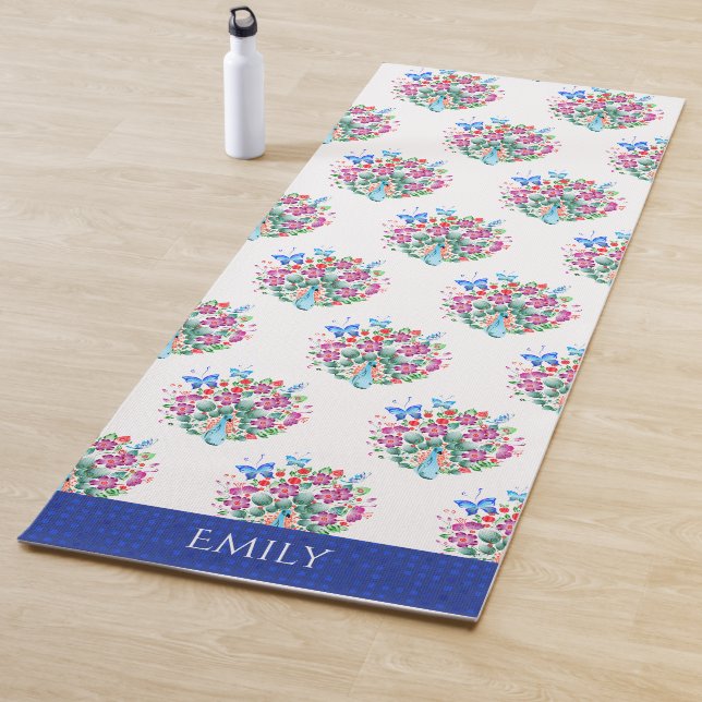 Floral Peacock Pattern Personalised Yoga Mat (In Situ)