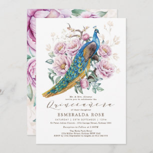 Floral Peacock Quinceañera Mis Quince Birthday Invitation