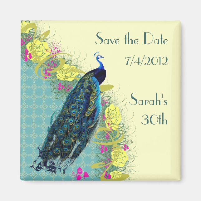 Floral Peacock Save the Date Magnet (Front)