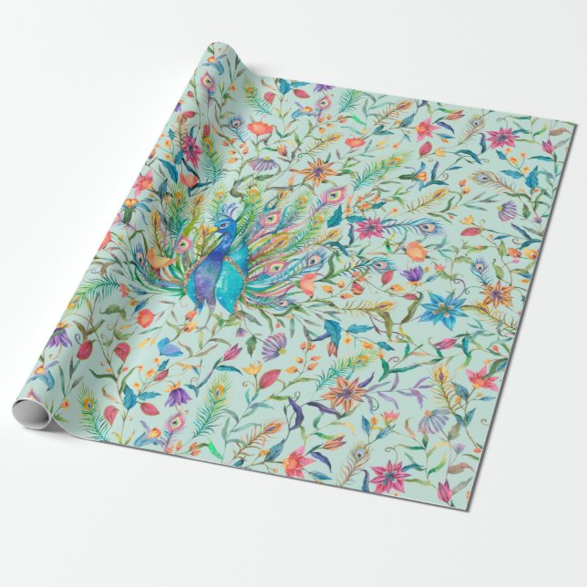Floral Peacock Wrapping Paper (Unrolled)