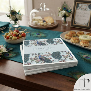 Floral Peacocks & Magnolia Chinoiserie Blue Napkin
