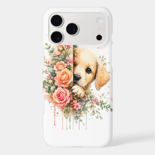 Floral Peeking Puppy Watercolor Rose Bouquet Art