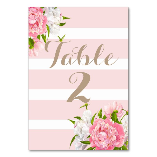 Floral Peonie Table Number Cards Weddings (Front)
