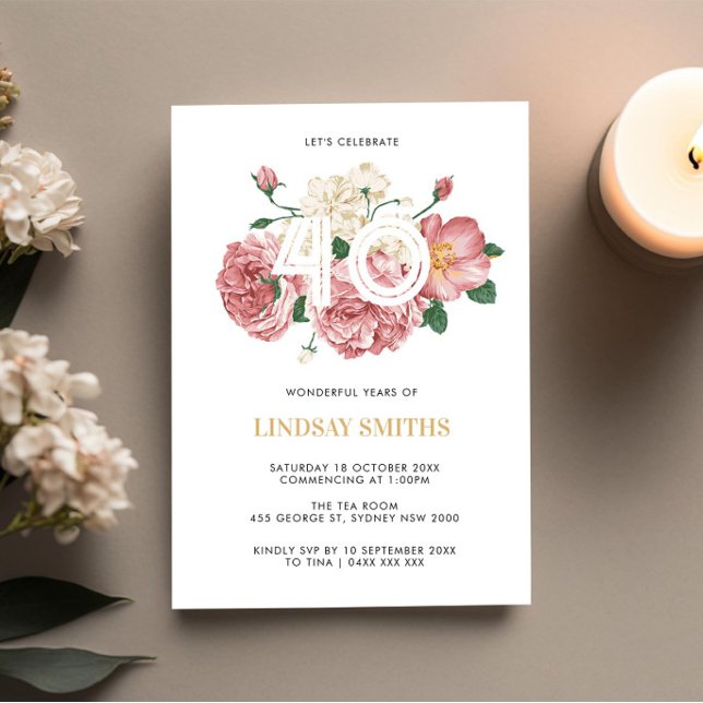 Floral Peonies and Roses 40th birthday invitation (Creator Uploaded)