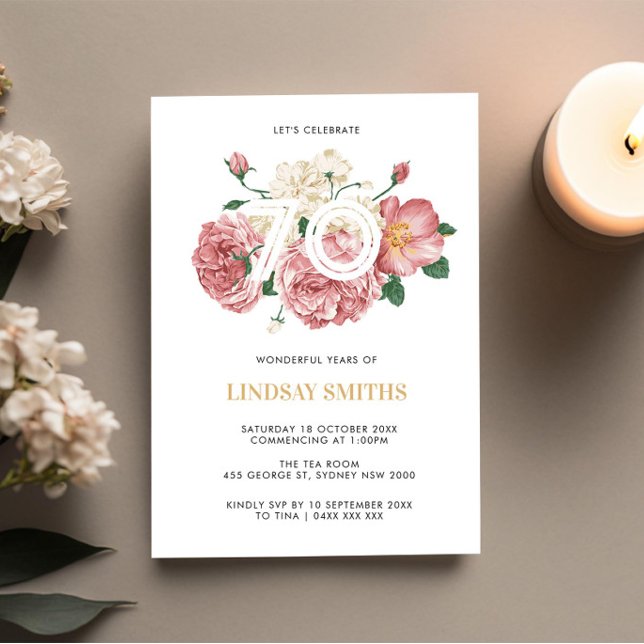Floral Peonies and Roses 70th birthday invitation (Creator Uploaded)