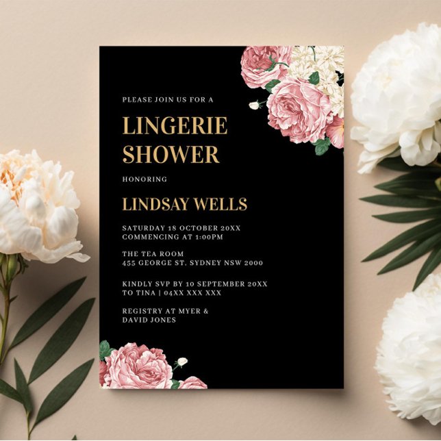 Floral Peonies and Roses on Black Lingerie Shower Invitation (Creator Uploaded)