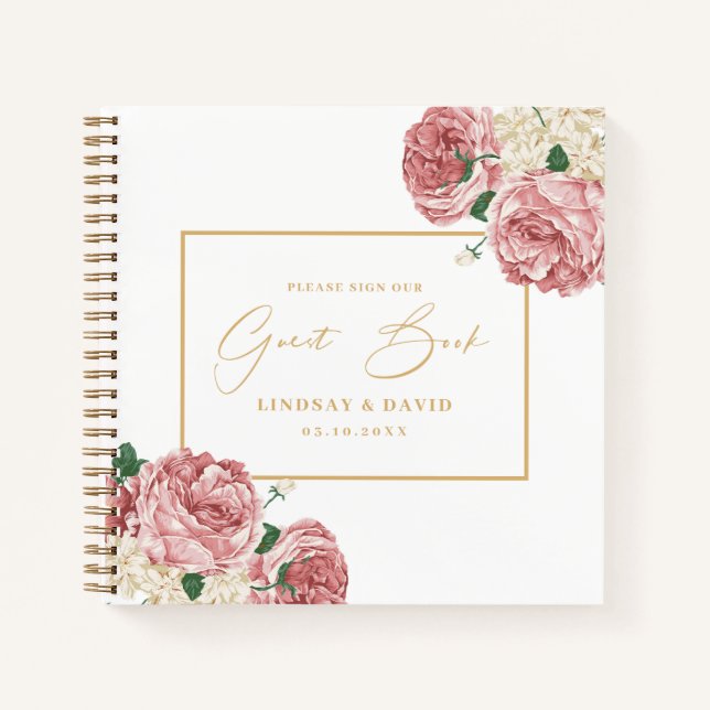 Floral Peonies and Roses Wedding Guest Book (Front)