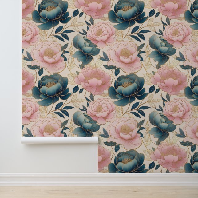 Floral Peonies Blue Pink Gold on Cream Wallpaper (Application)