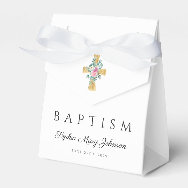 Floral Peonies Cross Baptism  Favour Box (Front Side)