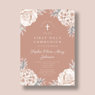 Floral Peonies Cross Religious Holy Communion Invitation