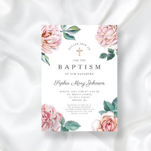 Floral Peonies Gold Cross Religious Baptism Invitation