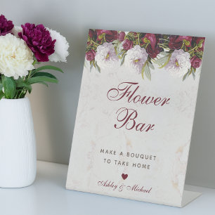 Floral Peonies Marble Elegant Script Flower Bar Pedestal Sign