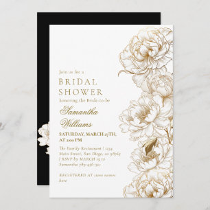 Floral Peonies White Golden Elegant Bridal Shower Invitation