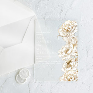 Floral Peonies White Golden Elegant Wedding Acrylic Invitations
