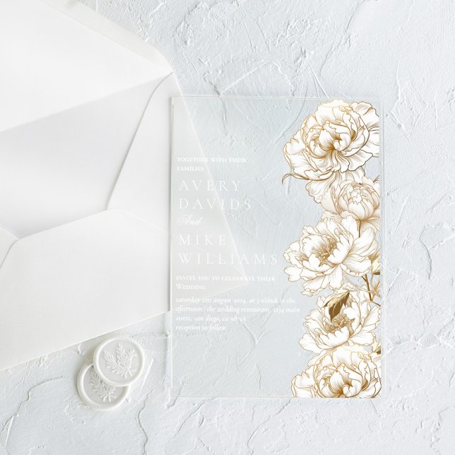 Floral Peonies White Golden Elegant Wedding Acrylic Invitations (Creator Uploaded)