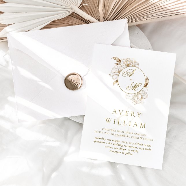 Floral Peonies White Golden Monogram Wedding Invitation (Creator Uploaded)