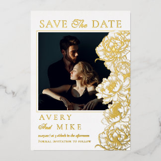Floral Peonies White Golden Photo Save The Date