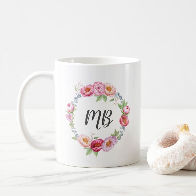Floral peonies wreath watercolor Monogram mug (With Donut)